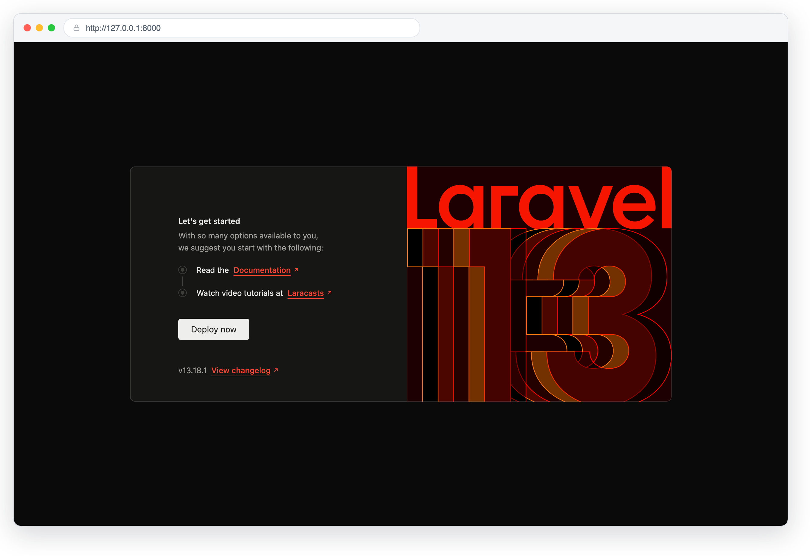 The default Laravel welcome page in a browser at http://127.0.0.1:8000.
