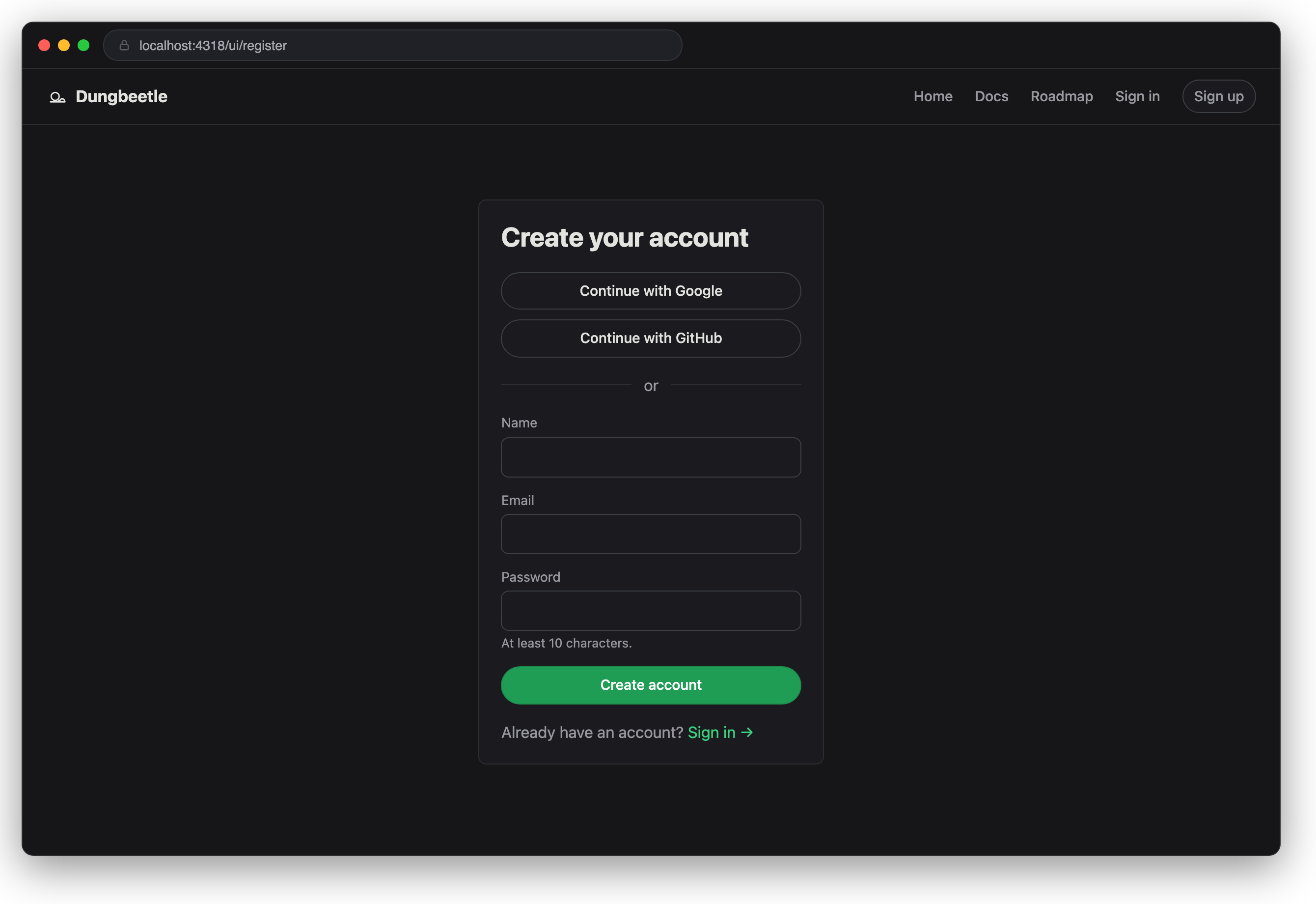 The Dungbeetle register page: an email and password form alongside Google and GitHub sign-in buttons.
