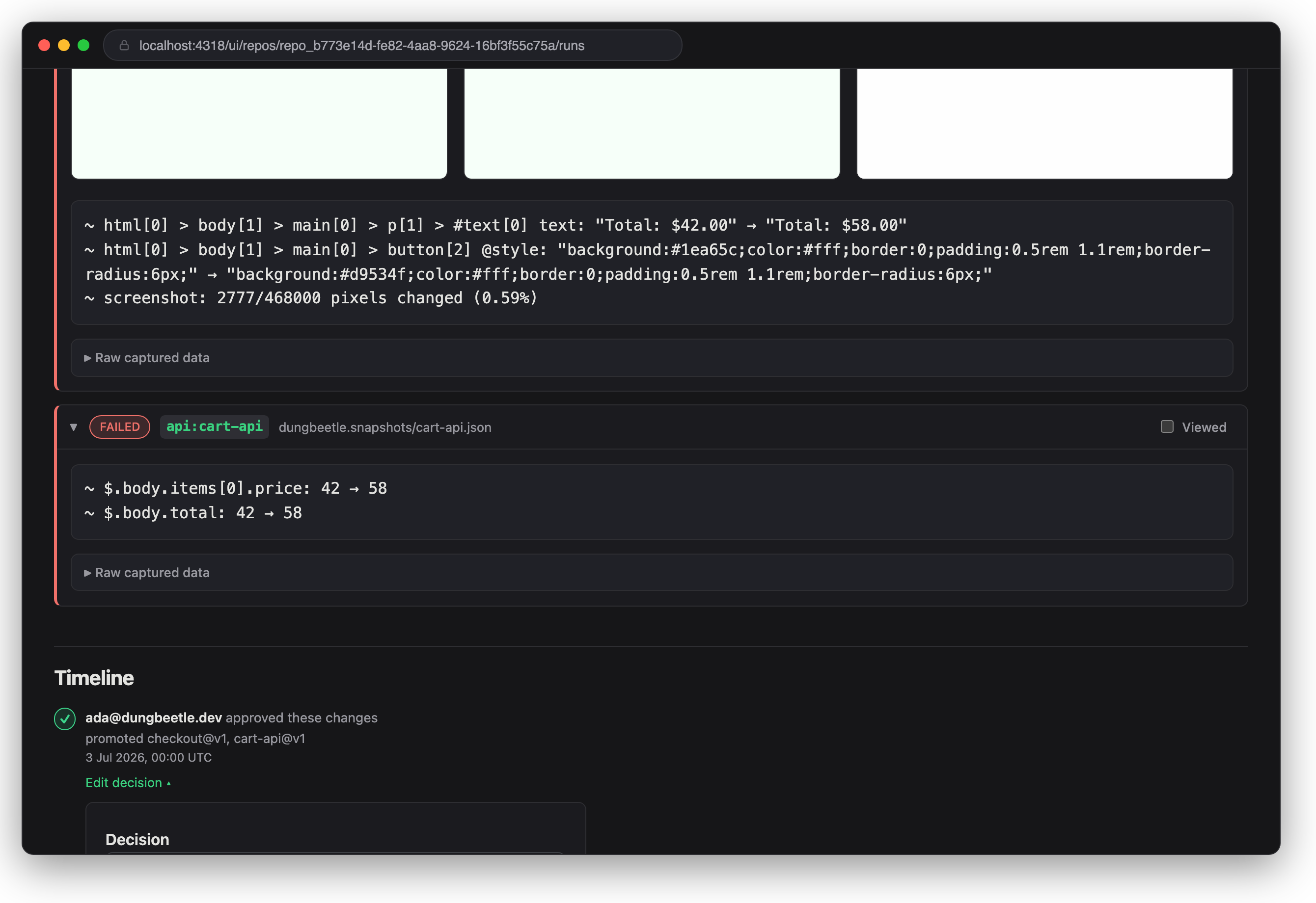 The same run after approving: the review form is gone, the timeline shows the recorded decision with its promotion note, and the open Edit decision disclosure carries the pre-filled superseding form.
