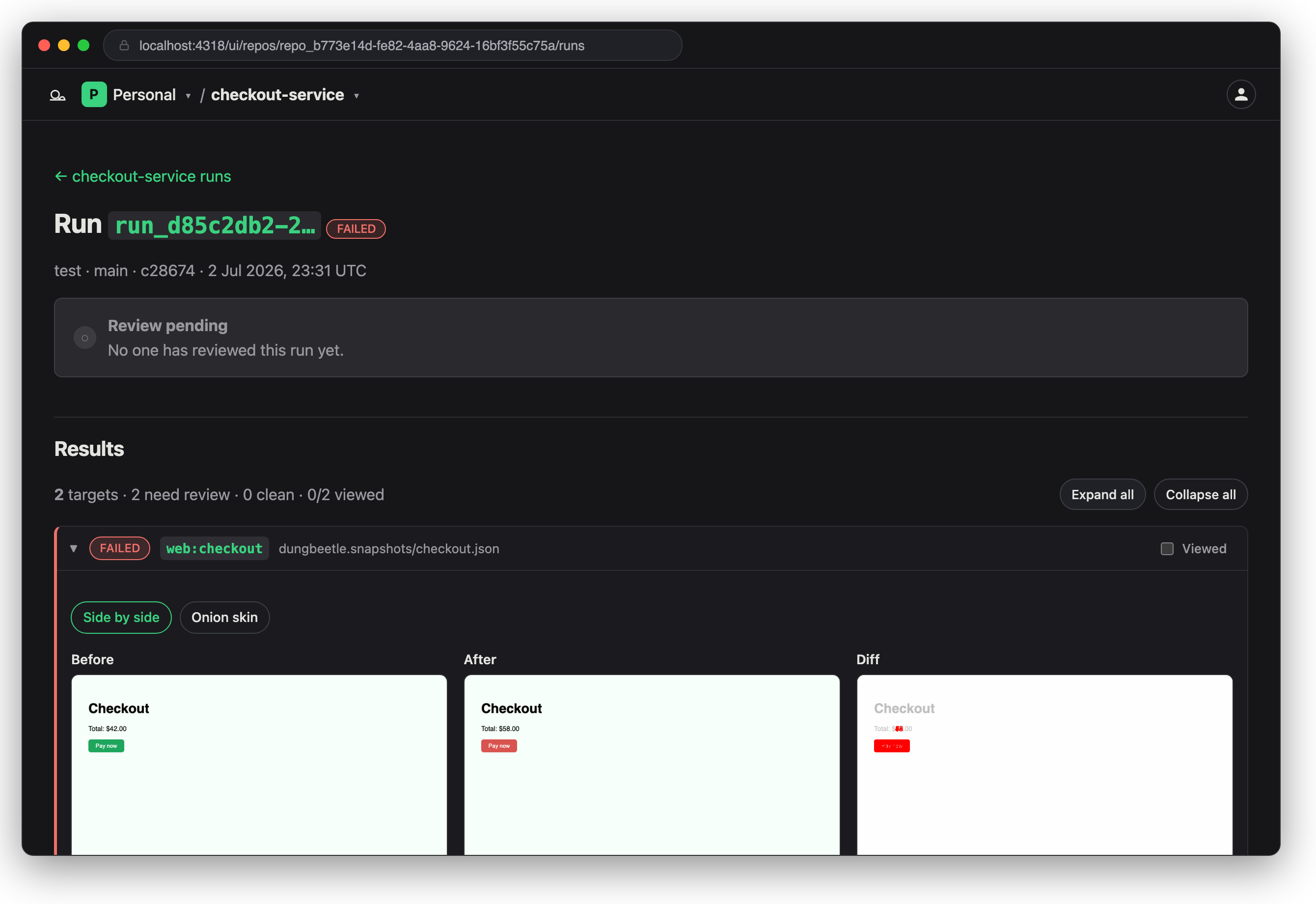 A failed run's review page: before/after/diff screenshots with a side-by-side / onion-skin toggle, the semantic diff (a text change from $42.00 to $58.00), and the review form with approve and promote controls.