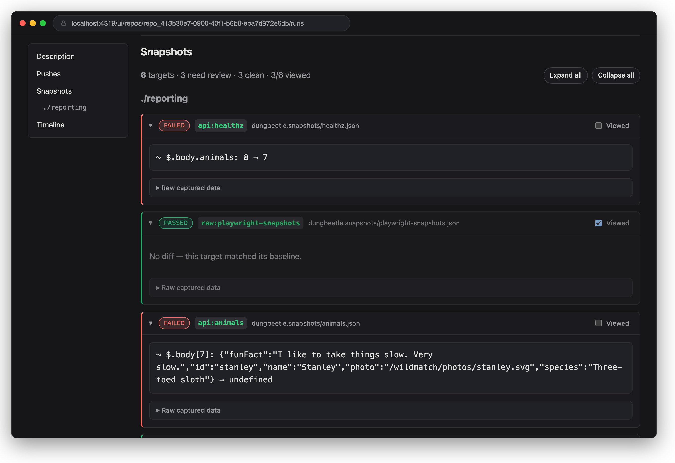 Stage 3 in the review UI — one data change, several targets reporting it.