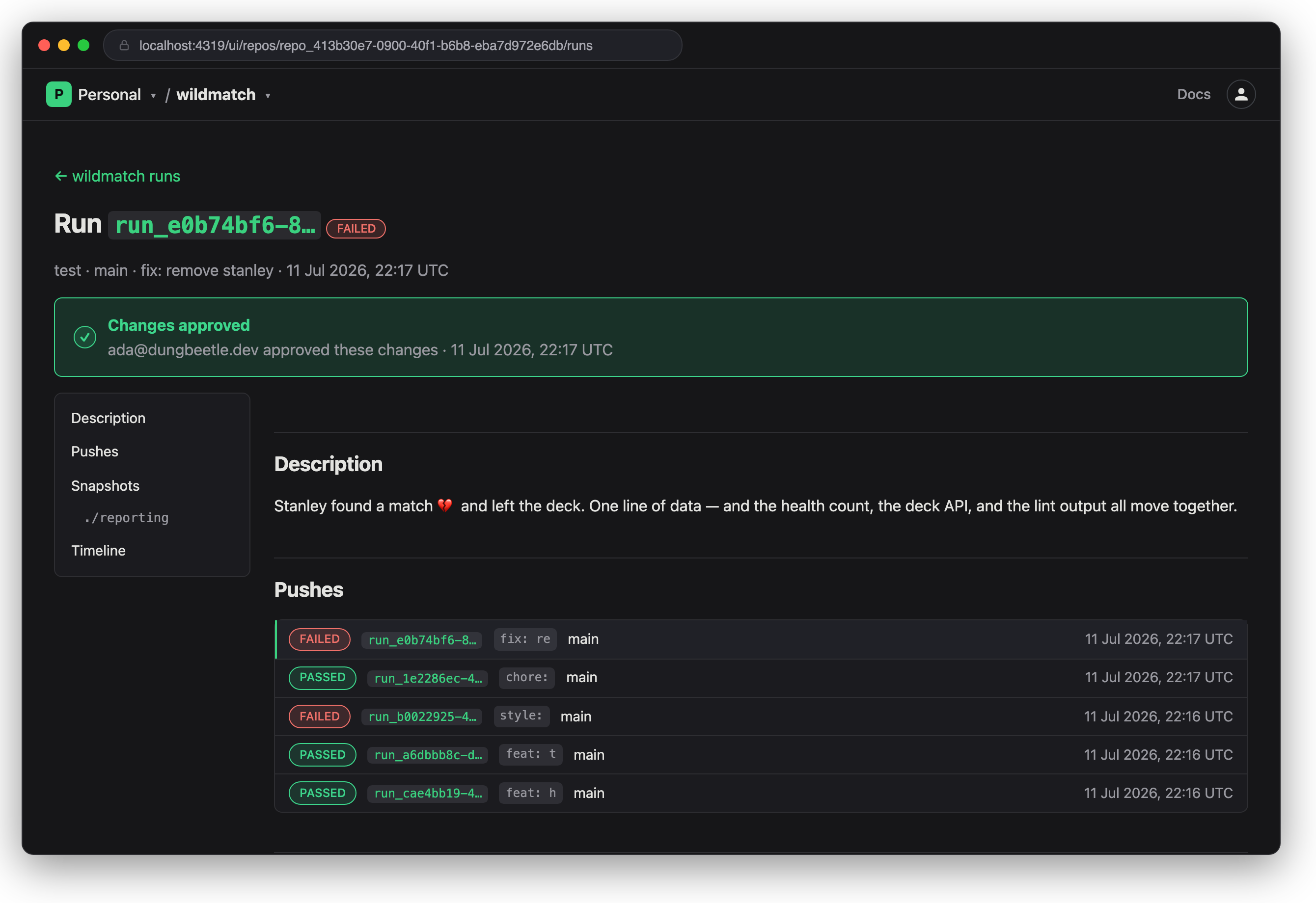 The decided run — approved and promoted, with the audit trail replacing the review form.