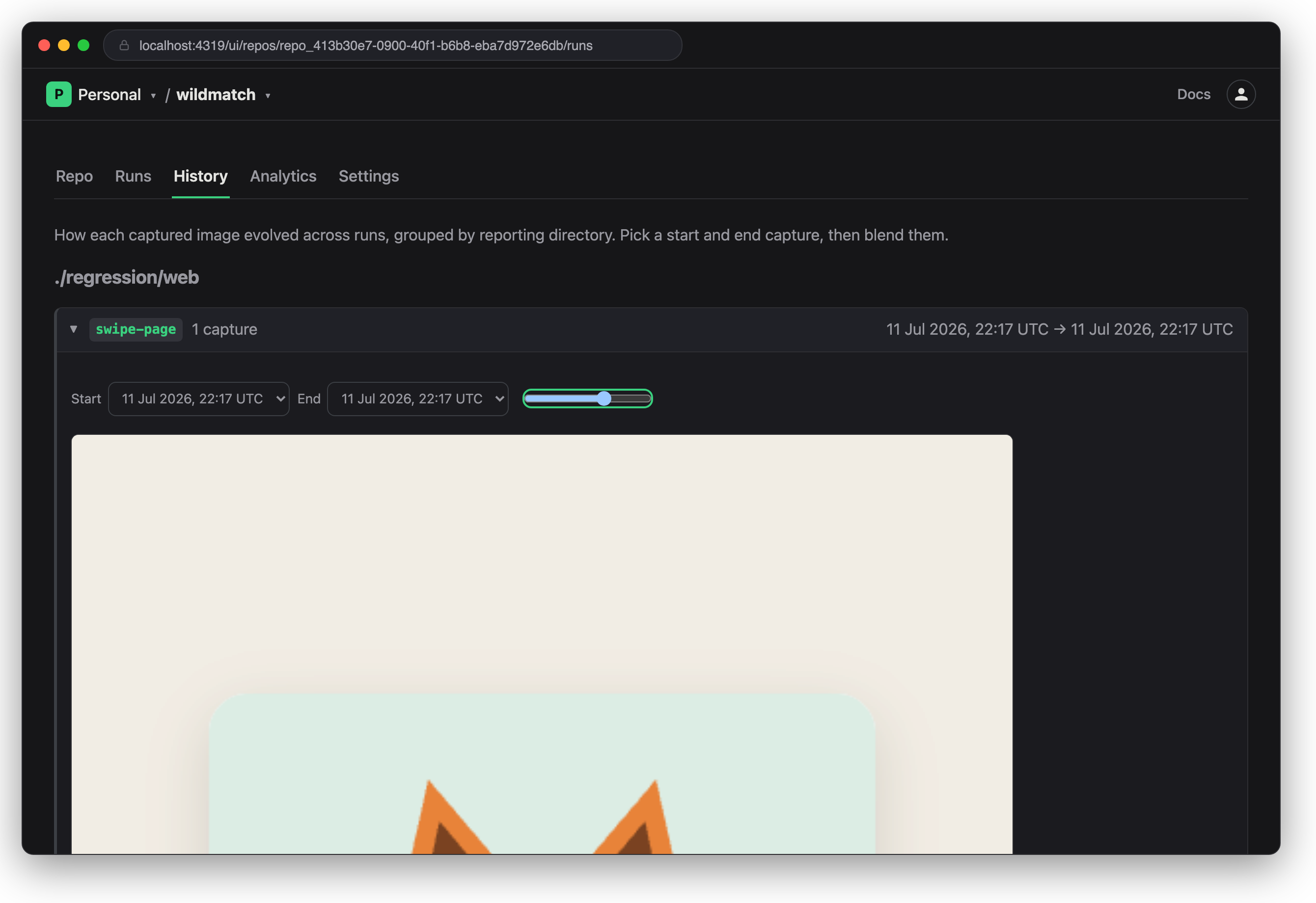 The History tab — Wildmatch's visual evolution across the story's runs.